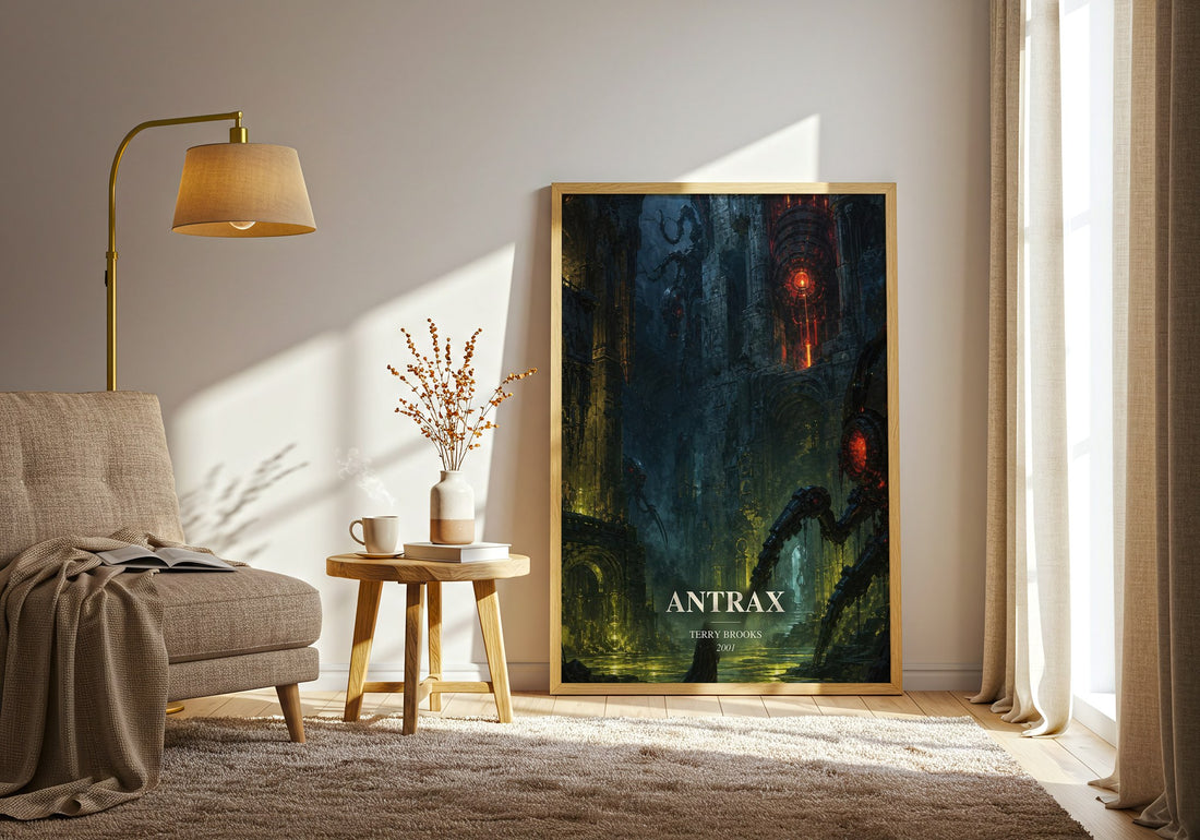Antrax watercolour print in frame leaning in hallway – fantasy wall art (mockup)
