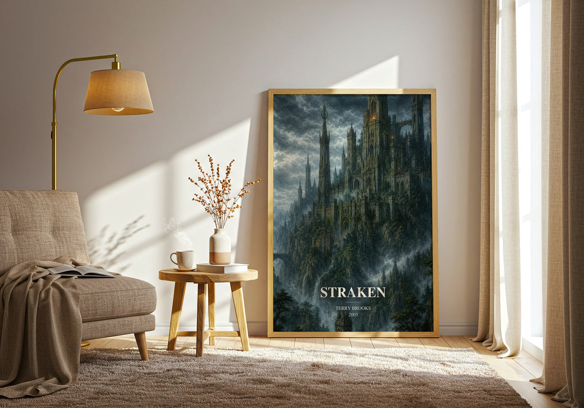 Straken watercolour print in frame leaning in hallway – fantasy wall art (mockup)