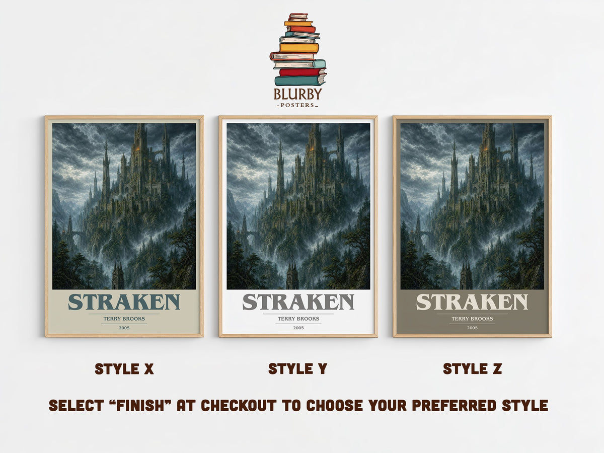 Straken book cover print in frame leaning in hallway – fantasy wall art (mockup)