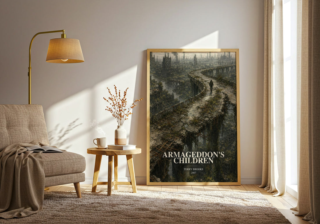 Armageddon's Children watercolour print in frame leaning in hallway – dystopian wall art (mockup)