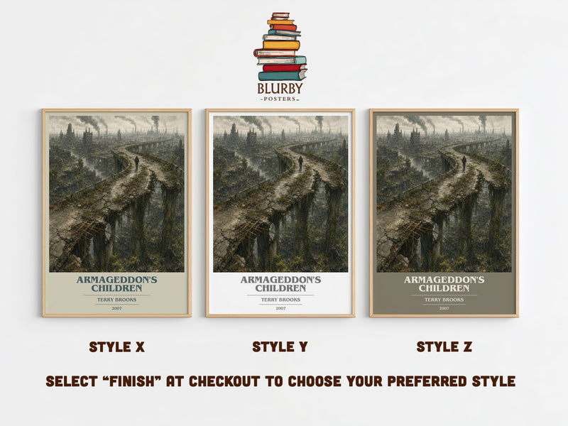 Armageddon's Children book cover print in frame leaning in hallway – dystopian wall art