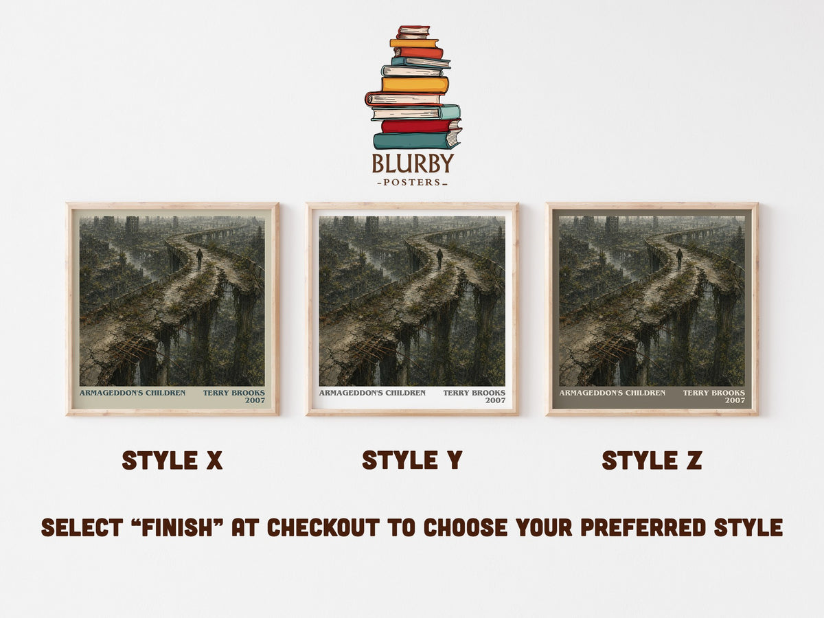 Armageddon's Children literary print in frame leaning in hallway – dystopian wall art (mockup)