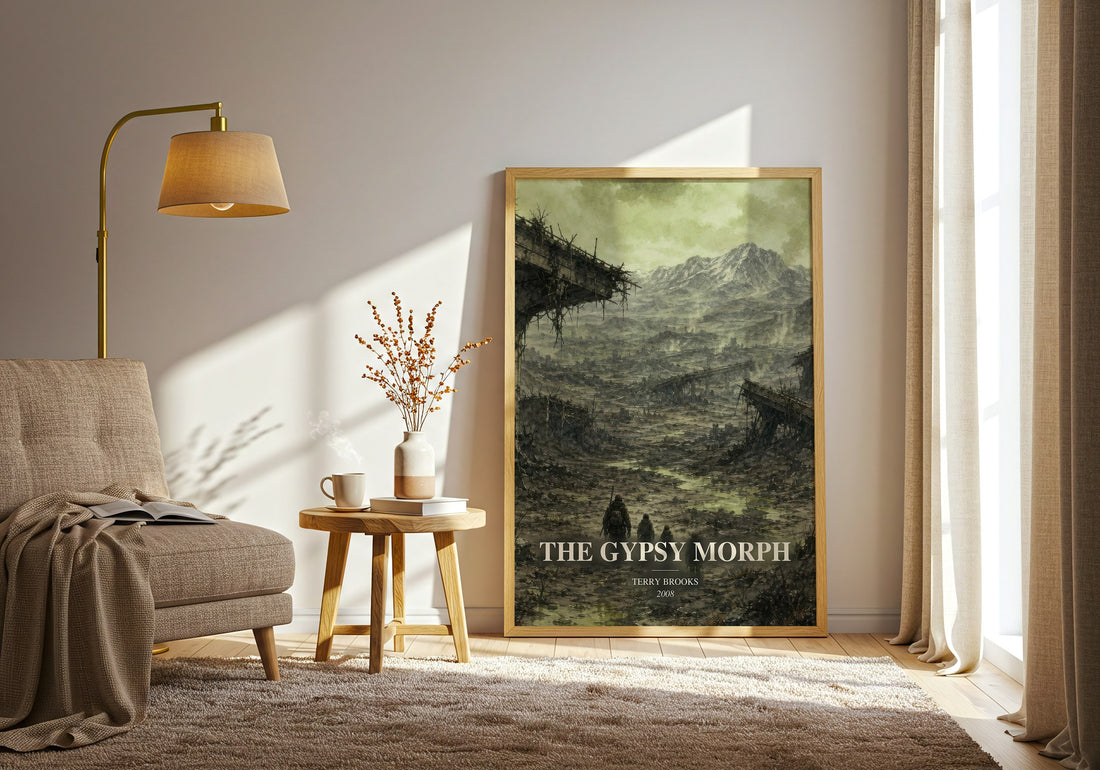 The Gypsy Morph watercolour print in frame leaning in hallway – fantasy wall art (mockup)