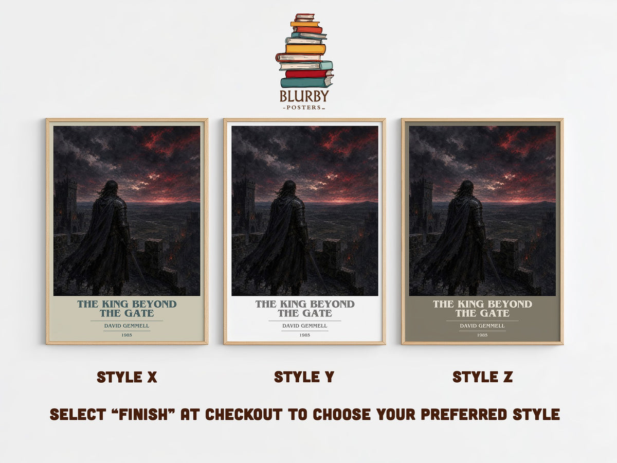 The King Beyond the Gate book cover print in frame leaning in hallway – fantasy wall art (mockup)