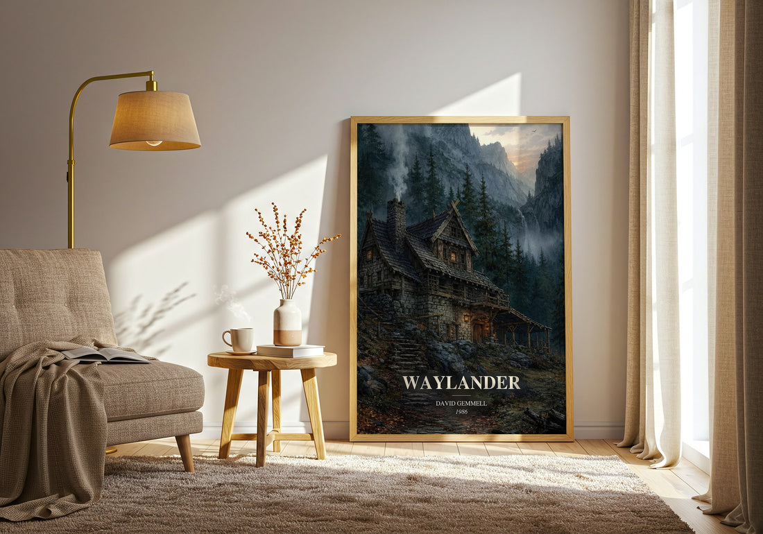 Waylander watercolour print in frame leaning in hallway – fantasy wall art (mockup)