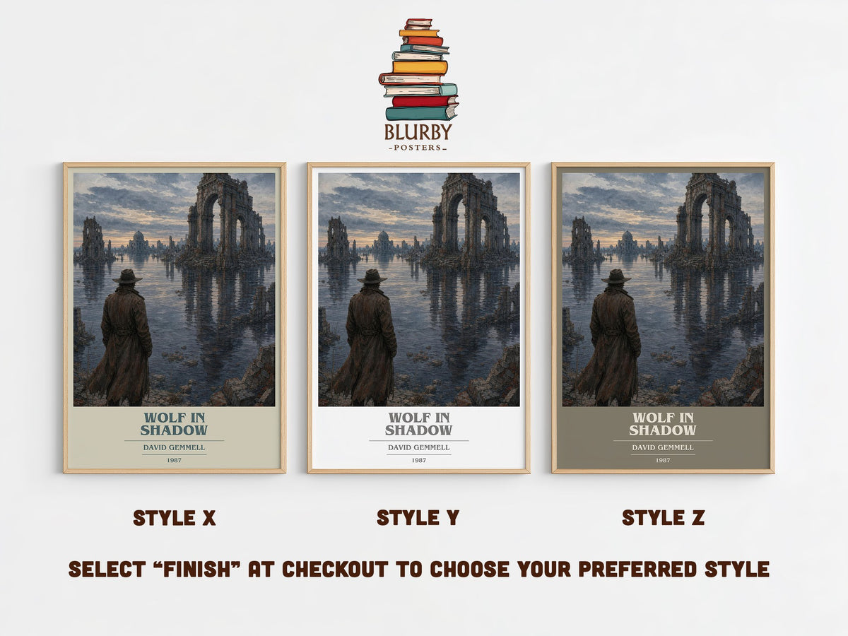Wolf in Shadow book cover print in frame leaning in hallway – fantasy wall art (mockup)