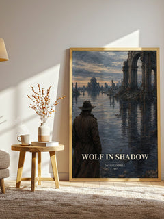 Wolf in Shadow watercolour print in frame leaning in hallway – fantasy wall art
