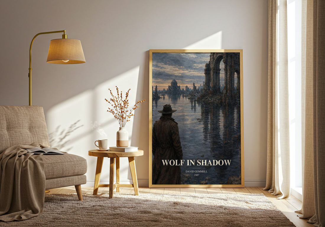 Wolf in Shadow watercolour print in frame leaning in hallway – fantasy wall art (mockup)