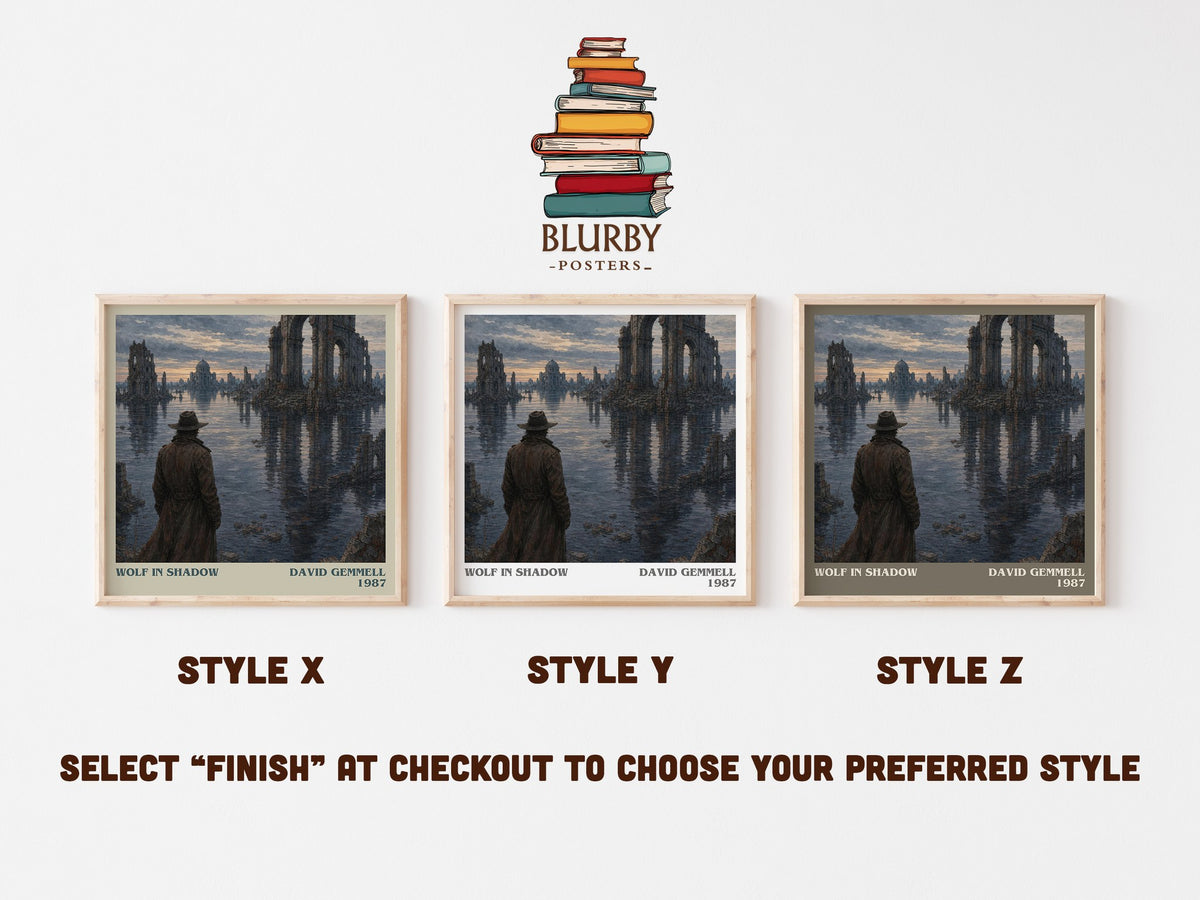 Wolf in Shadow literary print in frame leaning in hallway – fantasy wall art (mockup)