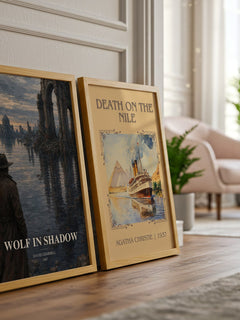 Wolf in Shadow watercolour print framed by window – literary home decor