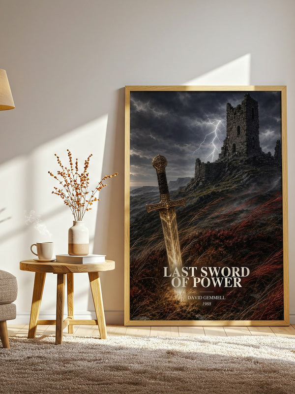 Last Sword of Power watercolour print in frame leaning in hallway – fantasy wall art