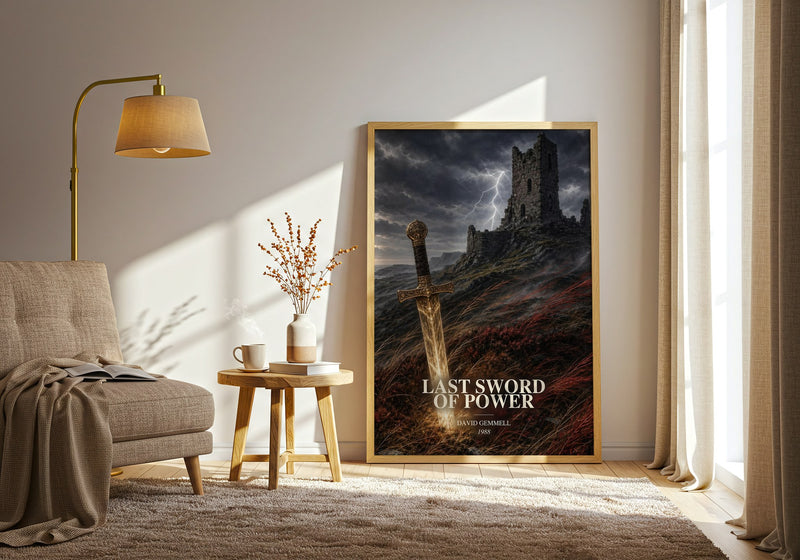 Last Sword of Power watercolour print in frame leaning in hallway – fantasy wall art