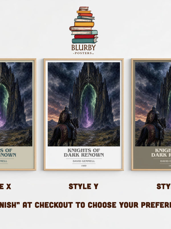 Knights of Dark Renown book cover print in frame leaning in hallway – fantasy wall art