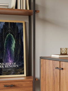 Knights of Dark Renown Book Watercolour Illustration by David Gemmell – framed print on a shelf by a wooden cabinet