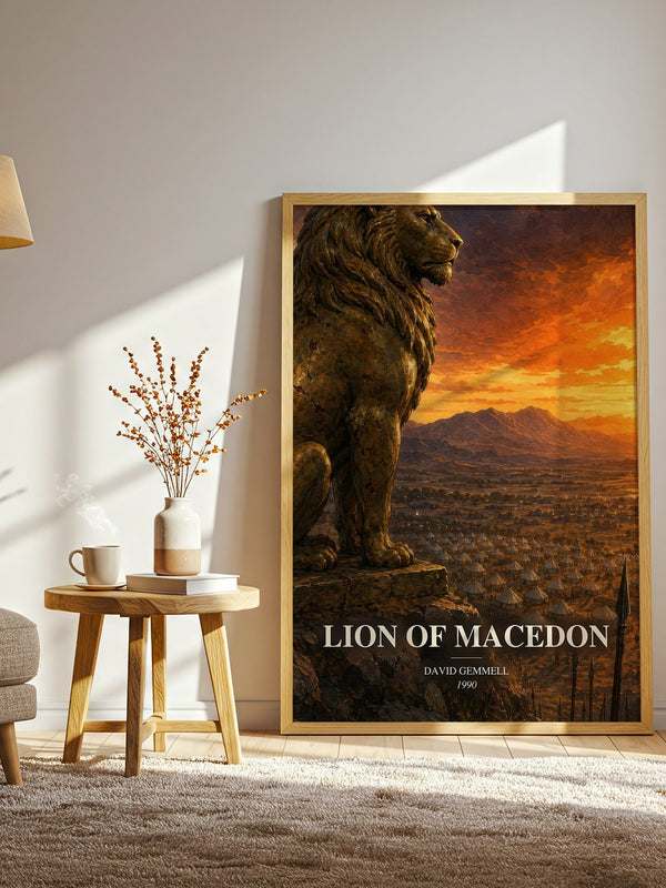 Lion of Macedon watercolour print in frame leaning in hallway – fantasy wall art