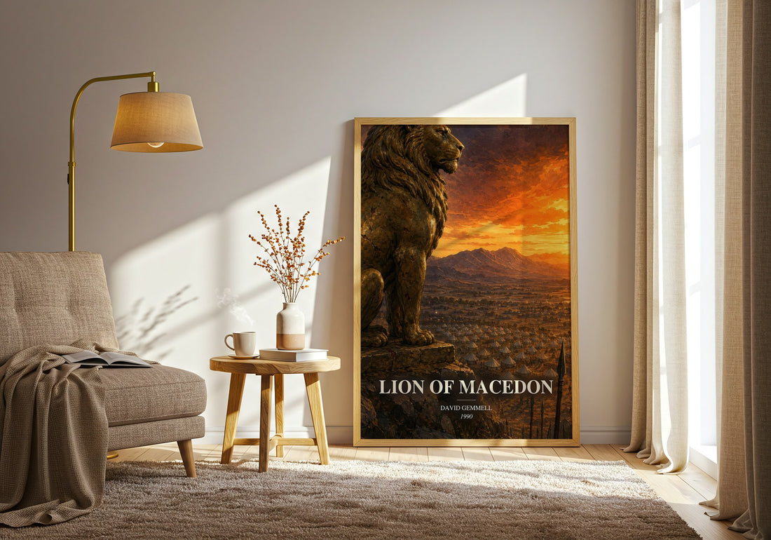 Lion of Macedon watercolour print in frame leaning in hallway – fantasy wall art (mockup)