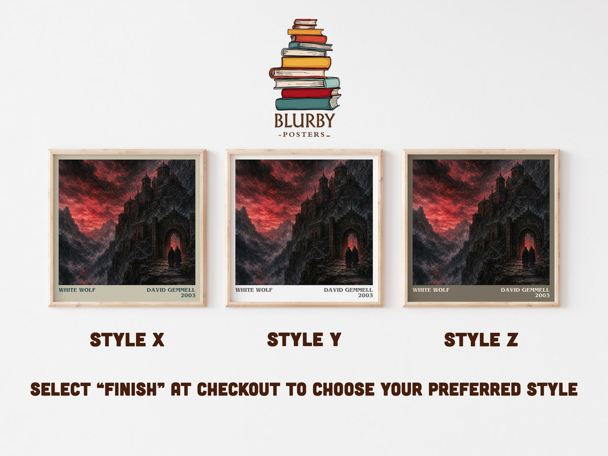 White Wolf literary print in frame leaning in hallway – fantasy wall art (mockup)