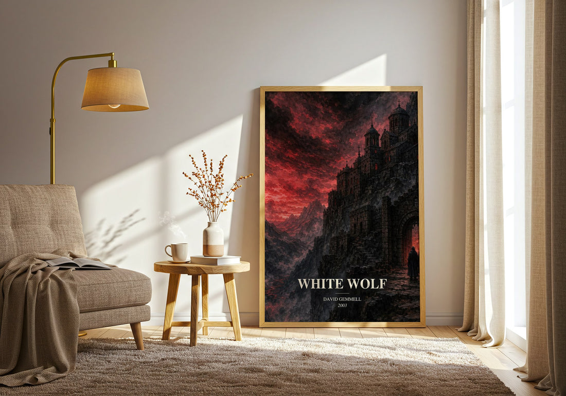White Wolf watercolour print in frame leaning in hallway – fantasy wall art (mockup)
