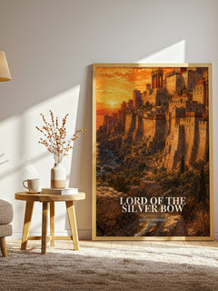 Lord of the Silver Bow watercolour print in frame leaning in hallway – fantasy wall art
