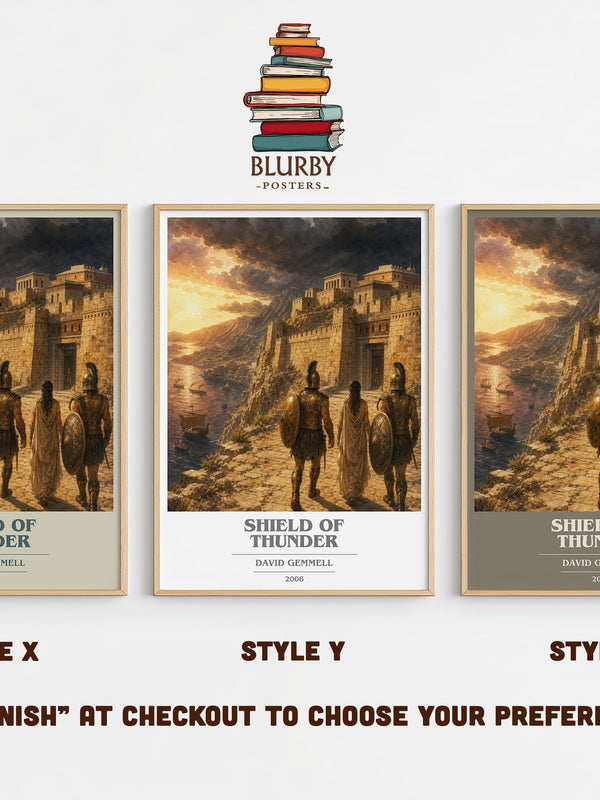Shield of Thunder book cover print in frame leaning in hallway – fantasy wall art
