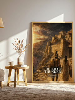 Shield of Thunder watercolour print in frame leaning in hallway – fantasy wall art
