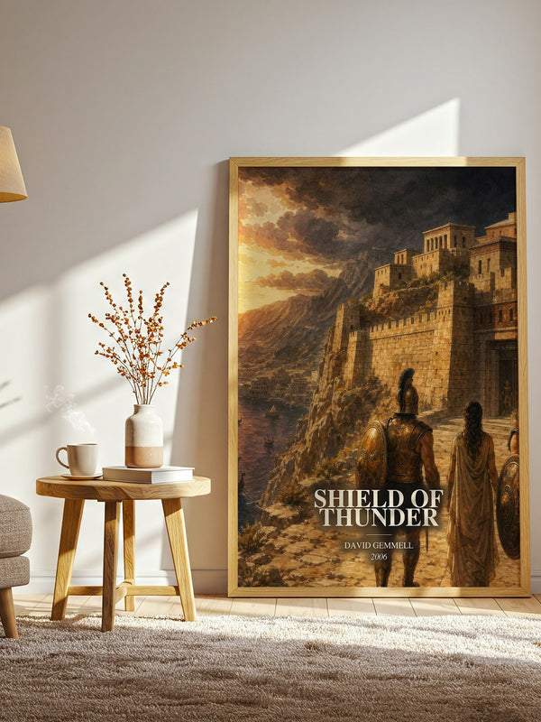 Shield of Thunder watercolour print in frame leaning in hallway – fantasy wall art