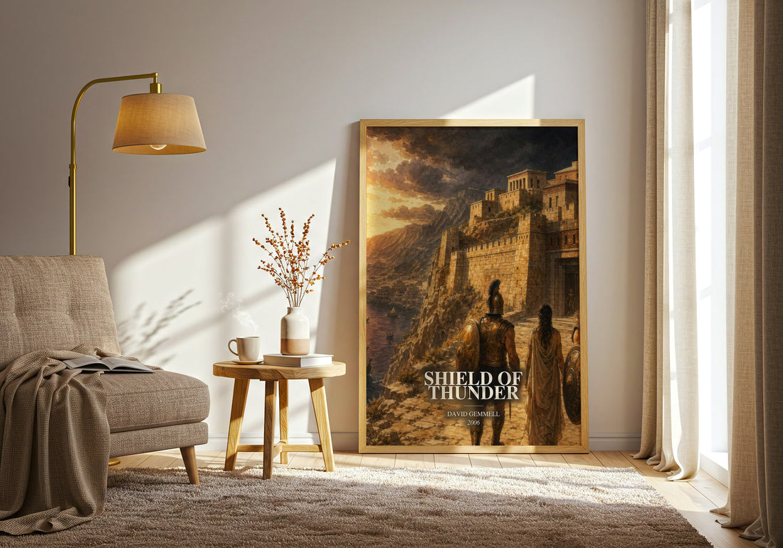 Shield of Thunder watercolour print in frame leaning in hallway – fantasy wall art (mockup)