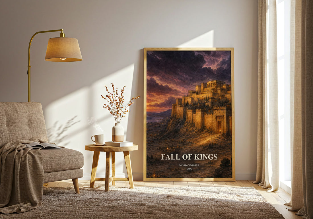 Fall of Kings watercolour print in frame leaning in hallway – fantasy wall art (mockup)