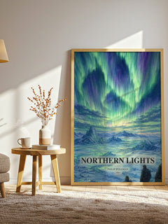 Northern Lights watercolour print in frame leaning in hallway – fantasy wall art
