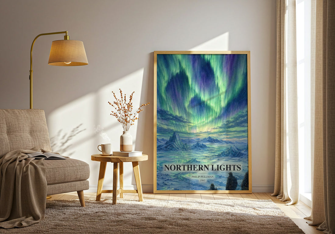 Northern Lights watercolour print in frame leaning in hallway – fantasy wall art (mockup)