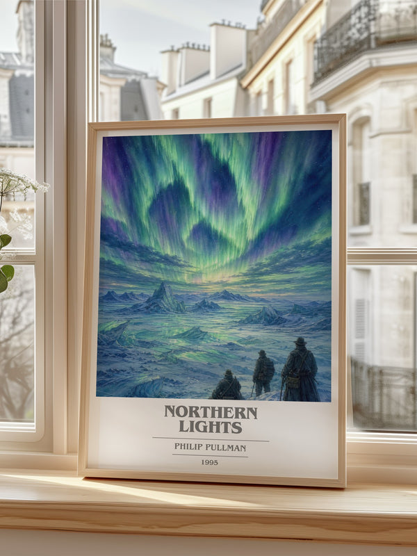 Northern Lights Book Cover Poster by Philip Pullman – framed print by a bright window