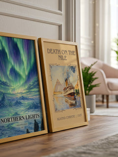 Northern Lights watercolour print framed by window – literary home decor