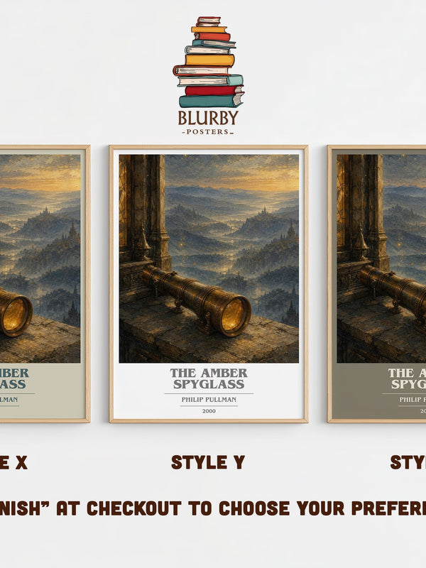 The Amber Spyglass book cover print in frame leaning in hallway – fantasy wall art