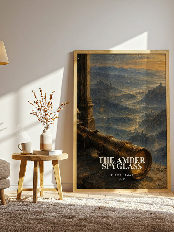 The Amber Spyglass watercolour print in frame leaning in hallway – fantasy wall art