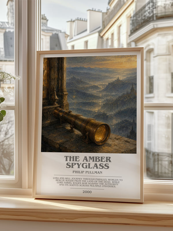 The Amber Spyglass Bookish Wall Art by Philip Pullman – framed print by a bright window