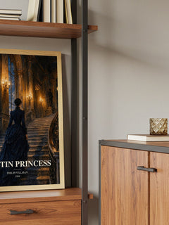 The Tin Princess Book Watercolour Illustration by Philip Pullman – framed print on a shelf by a wooden cabinet