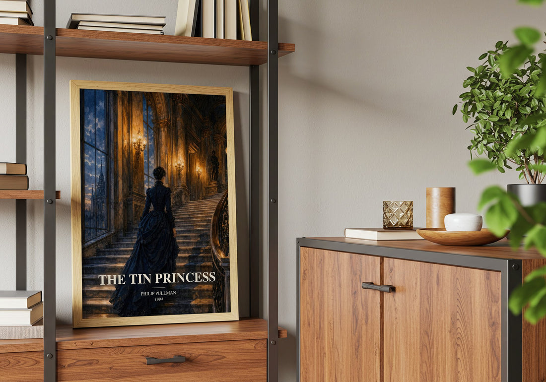 The Tin Princess Book Watercolour Illustration by Philip Pullman – framed print on a shelf by a wooden cabinet