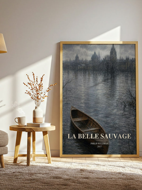 La Belle Sauvage watercolour print in frame leaning in hallway – fantasy wall art