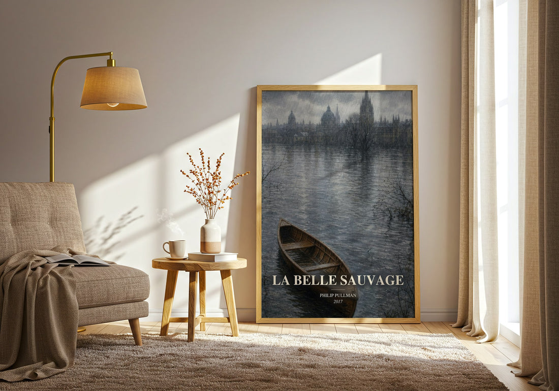 La Belle Sauvage watercolour print in frame leaning in hallway – fantasy wall art (mockup)