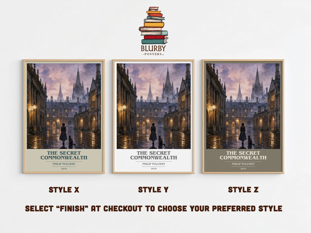 The Secret Commonwealth book cover print in frame leaning in hallway – fantasy wall art (mockup)