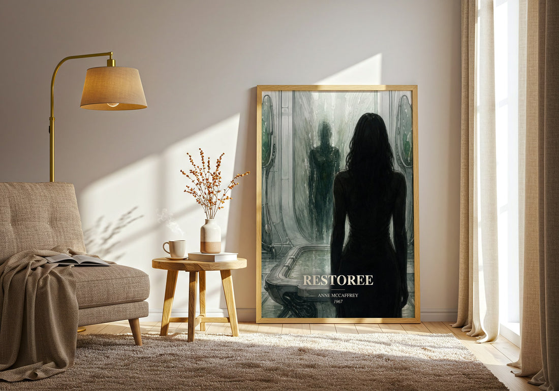 Restoree watercolour print in frame leaning in hallway – sci fi wall art (mockup)