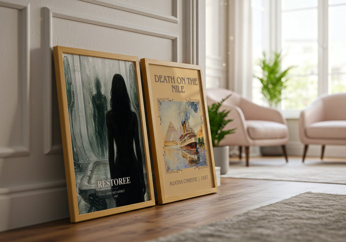 Restoree watercolour print framed by window – literary home decor