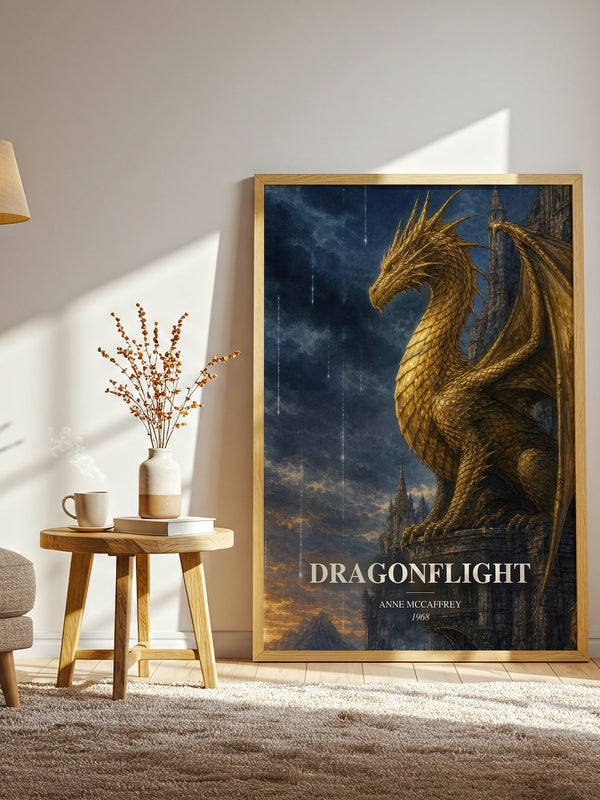 Dragonflight watercolour print in frame leaning in hallway – fantasy wall art