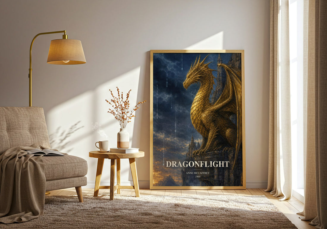 Dragonflight watercolour print in frame leaning in hallway – fantasy wall art (mockup)
