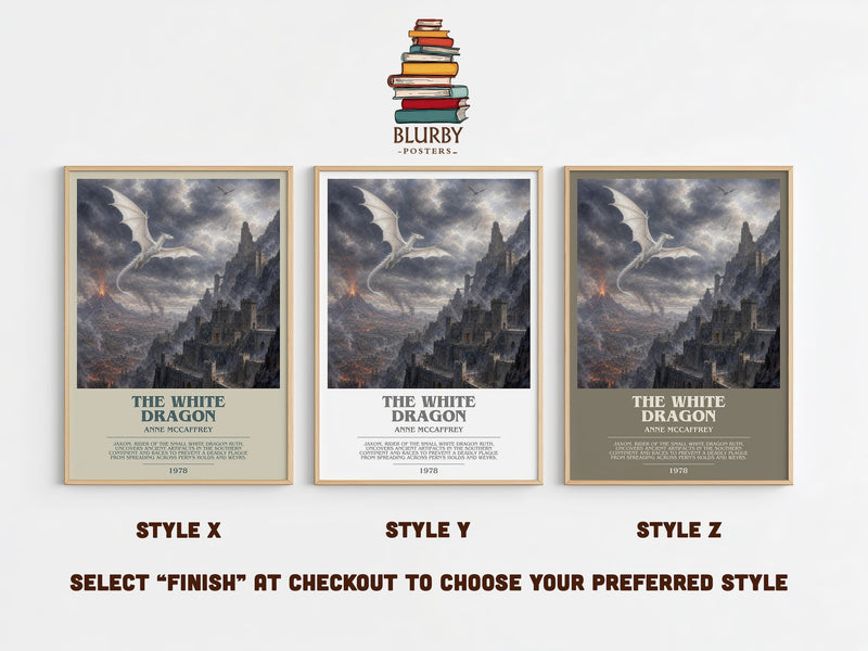The White Dragon bookish print in frame leaning in hallway – fantasy wall art