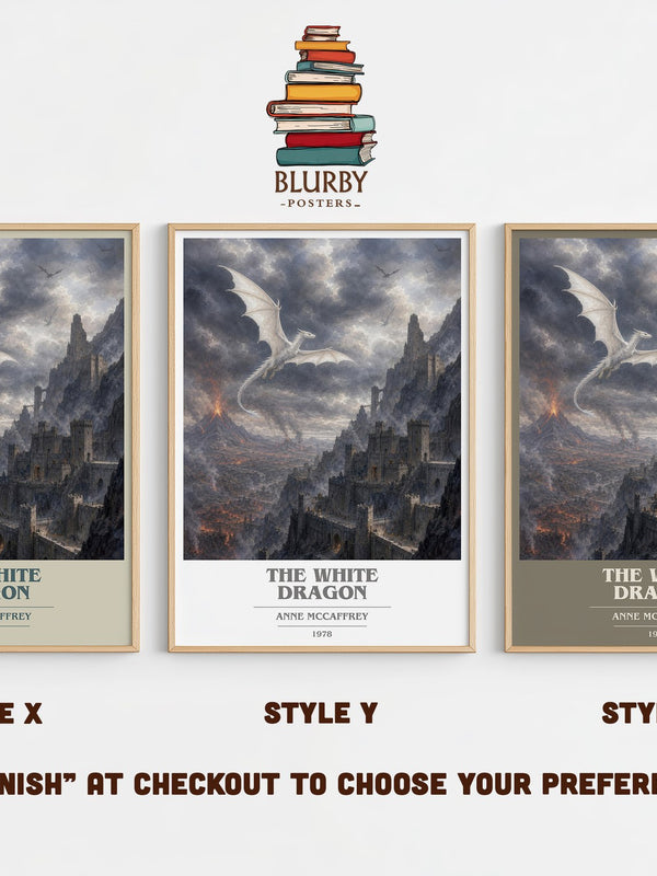 The White Dragon book cover print in frame leaning in hallway – fantasy wall art