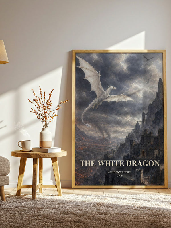 The White Dragon watercolour print in frame leaning in hallway – fantasy wall art
