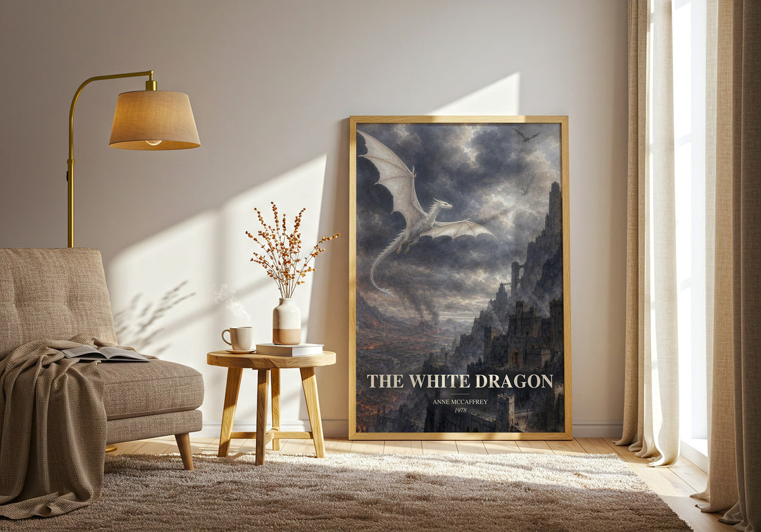 The White Dragon watercolour print in frame leaning in hallway – fantasy wall art (mockup)
