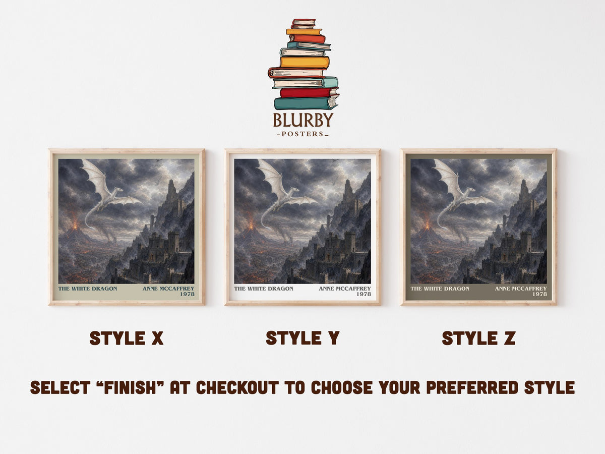 The White Dragon literary print in frame leaning in hallway – fantasy wall art (mockup)