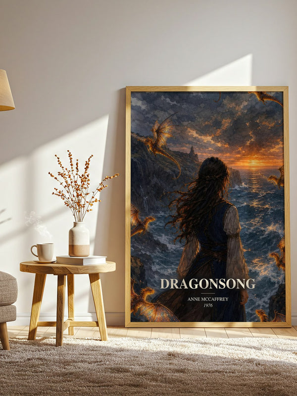 Dragonsong watercolour print in frame leaning in hallway – fantasy wall art